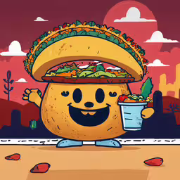 a drawing of a taco being handed with a drink,a cartoon character holding a cup full of food and wearing a taco