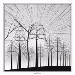 an abstract black and white image of trees and a wire frame