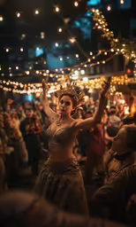 a woman in a costume and head piece dancing in a crowd