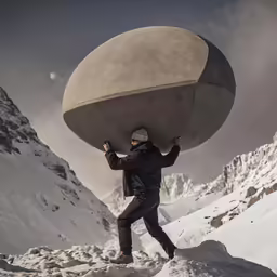 man with large stone and snow suit carrying object up snowy mountain