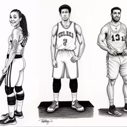 three basketball players, two standing, one sitting, and one standing,two men and one woman in uniforms, standing side by side,three basketball players in different uniform poses,three different sports uniforms show a smiling man and woman,three people standing and standing in different uniforms
