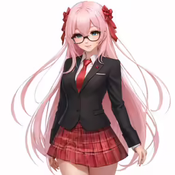 anime girl with long pink hair wearing glasses and a suit