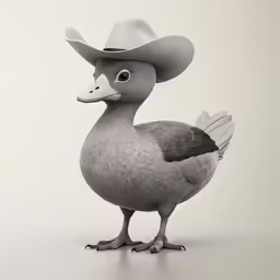 a gray duck in a cowboy hat poses for the camera