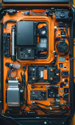 a large orange box containing many electronic equipment