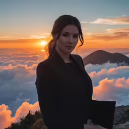 the woman is standing in front of a mountain with clouds