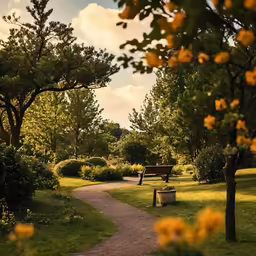 an open park with flowers surrounding the area