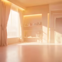 a sunlit room with a window on the far side