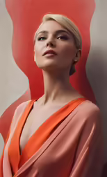 a beautiful woman wearing an orange dress standing next to a red wall