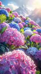 a bunch of pink and blue flowers are on the ground,some pink and blue flowers and green leaves