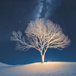 a lone white tree on a snowy hill with a night sky in the background
