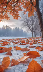 many orange leaves are laying on the snow
