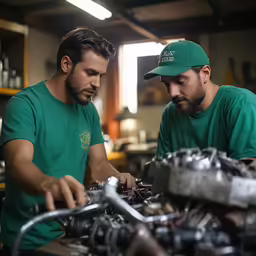two men are working on an engine in a garage