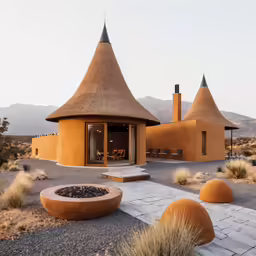 a large adobe style building in the desert