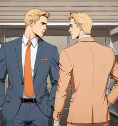 two men with blonde hair are standing next to each other,two men in suits looking into each other