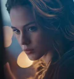 a girl with curly hair stares into the distance
