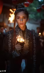 a girl holding a cup of tea and lit torches
