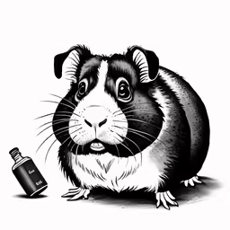 a very cute black and white guinea pig looking at a bottle