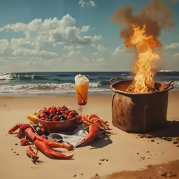 a bucket of lobsters, two mugs and fire on the beach