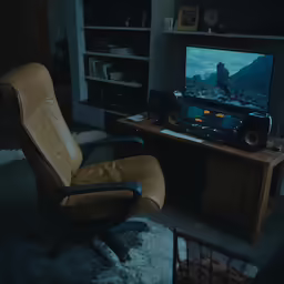an office chair with a music system sitting on top of it