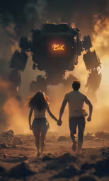 a couple walks through a desert holding hands in front of a robot