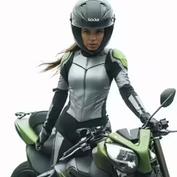 a woman is on a motorcycle wearing a helmet and a gray outfit