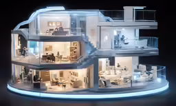 a large model house is lit up with light