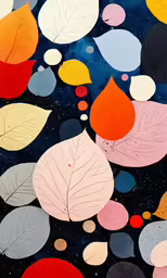 a black surface with different colored leaves on it