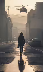 a woman is walking on the street with a helicopter overhead