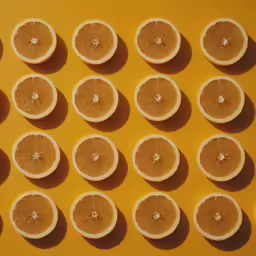 a yellow surface with several whole orange slices arranged in rows