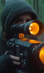 man in hooded jacket holding a camera with orange light on the side of it