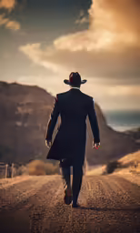 the man in the suit is walking away from the camera
