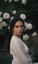a woman posing for a photo in front of flowers
