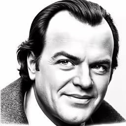 a black and white photo of a smiling man in suit