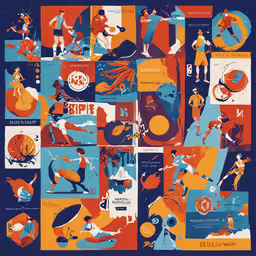 several poster of sports as it is showing different stages,an illustration of people on various sports games