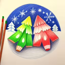 an illustration of pencils showing the three colored christmas trees,colored pencils and paper drawing three christmas trees,a pencil drawing of some colored crayons,a drawing of two red and green christmas trees,pencils drawing a cartoon christmas scene on paper
