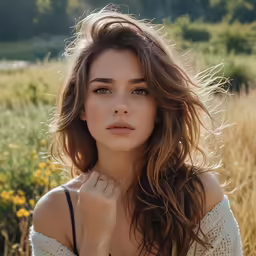 the young woman stands in a field with grass and yellow flowers