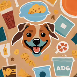 a dog on a table filled with assorted food,dog peeking at food surrounded by other icons