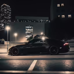 an in dark city at night, lit by street lights