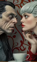 a painting of an old couple talking next to each other
