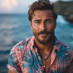 a man with a beard and blue eyes standing next to the ocean,a man wearing a pink shirt by the ocean