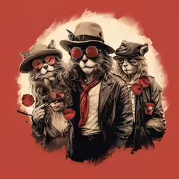 three circus performers dressed up with red hats and eyewear