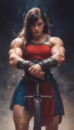 the sexy girl in a skirt is posing with her arms crossed