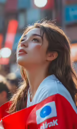 a woman is standing outside with a red and white shirt