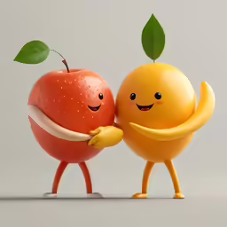 two fruit character hugging each other on a white surface