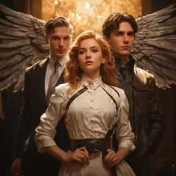 three people stand close to one another in front of an angel