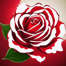 a close up of a red and white rose,a rose with many leaves on a bright red background