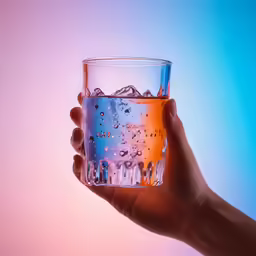 a hand holding up a clear beverage with water
