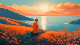 a person in an orange shirt standing at a field of flowers looking out into the distance at the water,a painting of a man standing in a flowery field