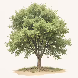 a watercolor painting of a single tree on top of a beach