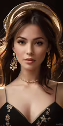 beautiful brunette woman with golden accessories and a black dress